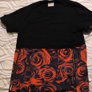 Men’s Black Tee with Red Rose Print Panel